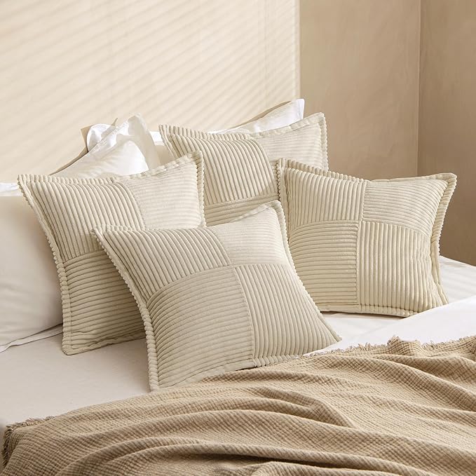 MIULEE Beige Throw Pillow Covers 18x18 Inch 4 Packs Soft Boho Decorative Pillow Cases Accent Farmhouse Corduroy Patchwork Cushion Cases with Invisible Zipper for Couch Sofa Bed Home Decor