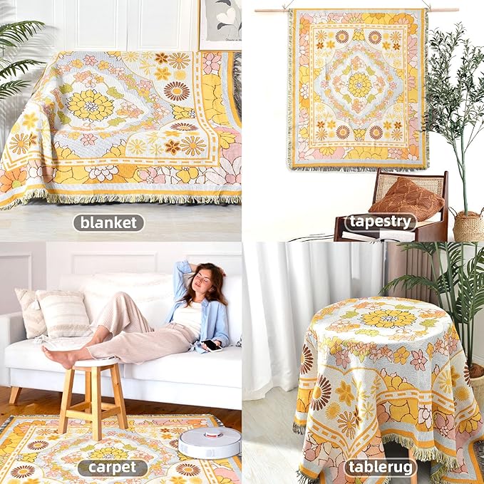 Boho Throw Blanket Reversible Cotton Bohemian Tapestry Hippie Room Decor Outdoor Blanket Double Sided (Boho Yellow Flower 50"x60")