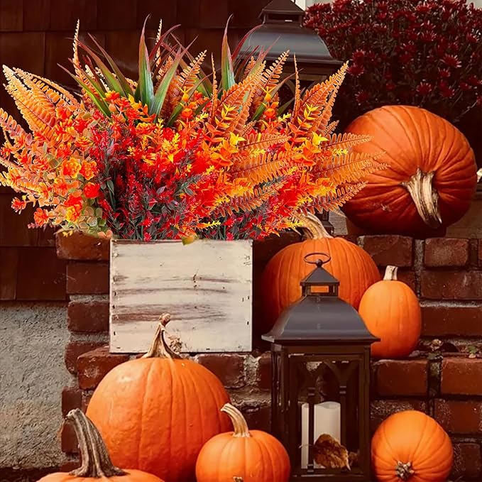 9 Bundles Artificial Fall Flowers,Fake Plants, Orange and Red Autumn Plants for Outdoor Decorations, Halloween Thanksgiving Christmas Wedding Party Indoor Home Garden Fireplace Décor