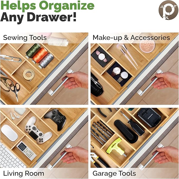 Expandable Drawer Organizers for Kitchen - Extra Deep Non-Slip 17” x 14.6” (expands up to 25 inches) - Dark Wooden Silverware Divider (10 Compartments) – Organize Cooking Utensils