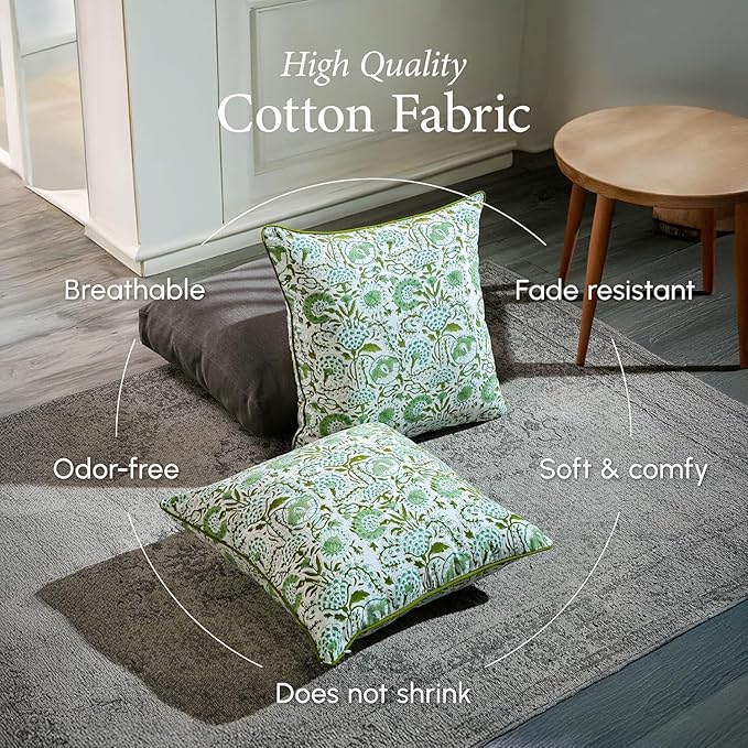 CPC 100% Cotton Throw Pillow Covers 16X16 Green Block Print Pattern Couch Pillow, Cute Boho Decorative Pillows for Living Room, Bedroom with Hidden Zipper- Coral Pink