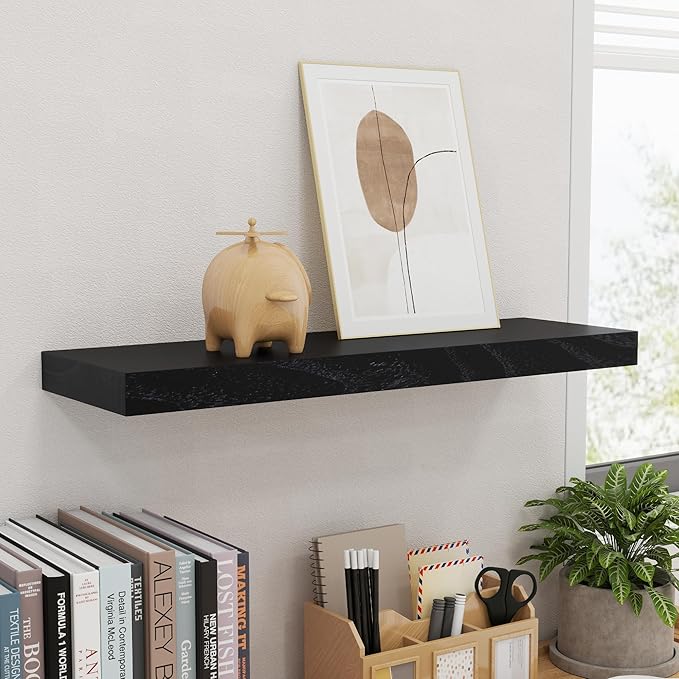 24 Inch Black Floating Shelves for Wall, Solid Wood Wall Shelves Set of 2, Modern Black Shelves Display Ledge Shelves for Bedroom Bathroom Living Room Kitchen Decoration Storage - Black