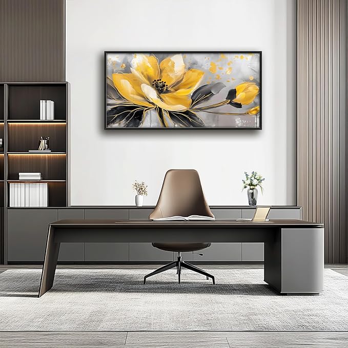 Framed Large Wall Art for Living Room, Yellow Floral Canvas Wall Decor, Gold Flower Pictures Painting, Natural Landscape Artwork for Living Room Bedroom Office 60L'' × 30W''