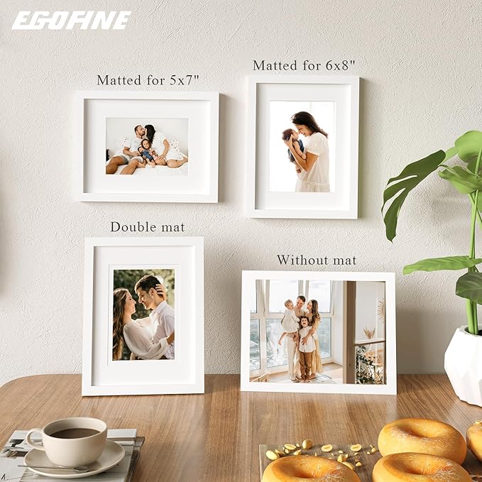 Egofine 9x12 Picture Frames Set of 4, Made of Solid Wood Covered by Plexiglass 5x7 and 6x8 with Mat or 9x12 without Mat, for Table Top Display and Wall Mounting Photo Frame White