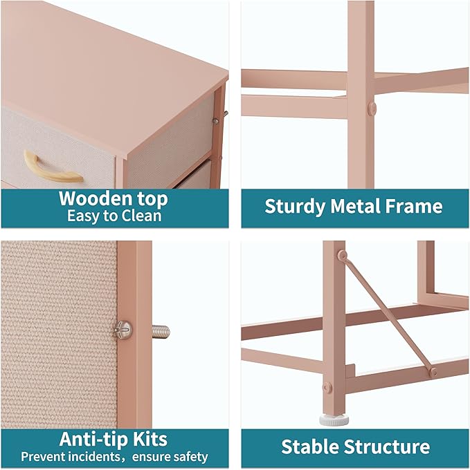 LUMTOK 10-Drawer Dresser, Fabric Storage Dressers Drawers for Bedroom, Hallway, Nursery, Closets, Steel Frame, Wood Top, Easy Pull Handle (Rose Gold)