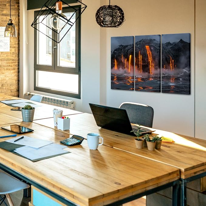 KLVOS - 3 Piece Canvas Wall Art Twilight Flow Sea View of Kilauea Volcano in Big Island Hawaii United States Modern Home Decor Stretched and Framed Ready to Hang - 16"x32"x3 Panels (1 Hawaii Volcano)