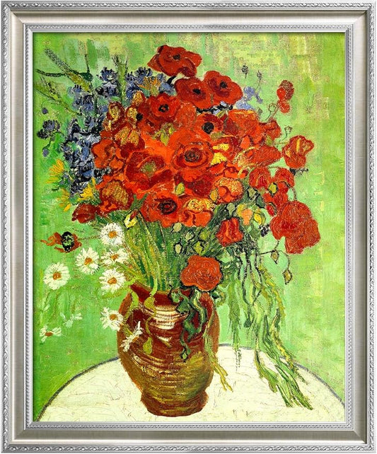 DECORARTS - Red Poppies and Daisies by Vincent van Gogh, Museum-Quality Giclee Canvas Print with Silver Solid Wood Frame, 34.75 x 28.75 in, Ready to Hang, Made in USA