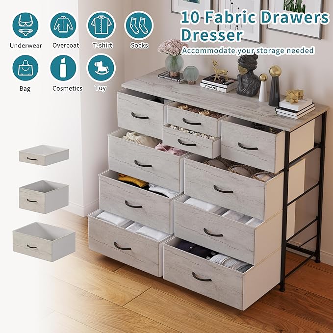 LUMTOK 10-Drawer Dresser, Fabric Storage Dresser Drawers for Bedroom, Hallway, Nursery, Closets, Steel Frame, Wood Top, Easy Pull Handle (Greige)