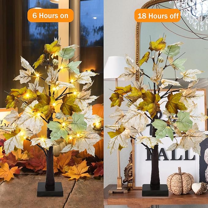 Uieke 24inch Artificial Lighted Fall Maple Tree 24 LED Fall Decor Tabletop Maple Tree with 3 White Pumpkins Battery Operated Timer, Fall Decorations or Home Thanksgiving Autumn Harvest (Green White)
