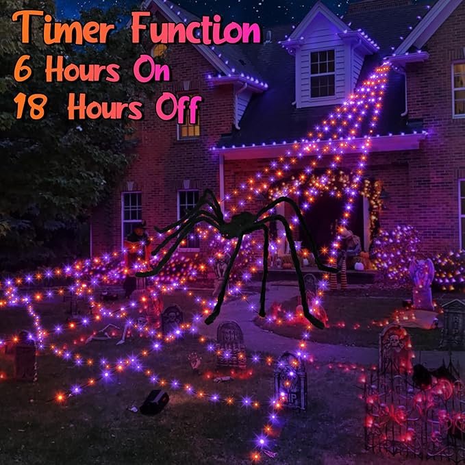 Halloween Spider Web Lights Decoration 455 LED Spider Webs Halloween Decorations Outdoor with 59" Large Spider & 3.53 oz Stretch Cobweb 16.4 Ft Light Up Giant Spider Web (Purple & Orange)
