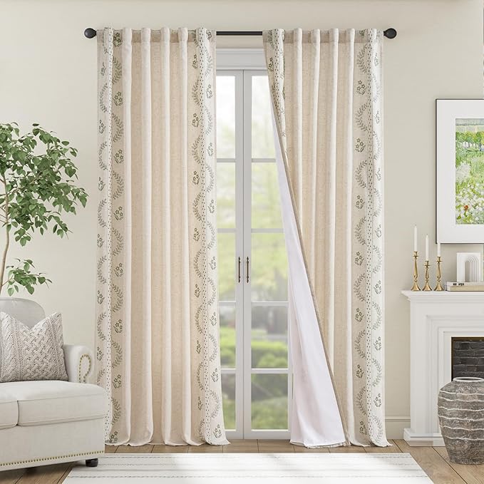 jinchan Belrose Lined Linen Blend Curtains Floral Curtains for Bedroom 96 Inch Length Sage Green Embroidered Drapes Rod Pocket Farmhouse Flower Drapes for Living Room Window Treatments Set 2 Panels