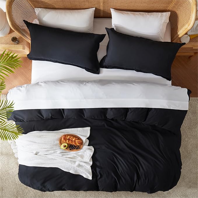Nestl King Duvet Cover Set with Comforter Insert - Black 4 Piece 104x90 Duvet Cover & 2 Pillow Shams with White Quilted Down Alternative Comforter, Ultra Soft, All Season