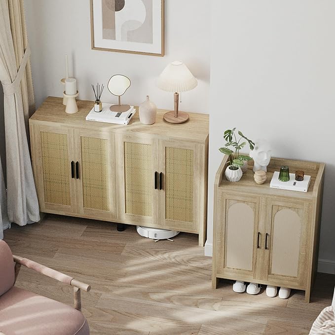 Rattan Buffet Cabinet with Storage, Sideboard with Doors, TV Stand, Farmhouse Side Board Coffee Bar, Modern Wood Storage Cabinets for Livingroom, Kitchen and Dining Room (Oak)