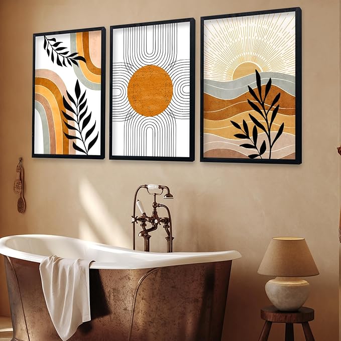 Geometric Sun Desert Plant Wall Art 16"x11" Set Of 3 Boho Wooden Framed Abstract Minimalist Sign Living Room Aesthetics Botanical Nature Illustrations Bedroom Office Wall Hanging Decor (Black)