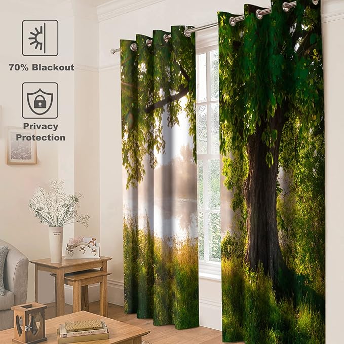 Jekeno Oak Tree Forest Blackout Curtains Green Tree Jungle Nature Landscape Foggy Scenery Stream View Print Decor for Bedroom Living Room Grommet Window Drapes 2 Panel Set, 52"x84"