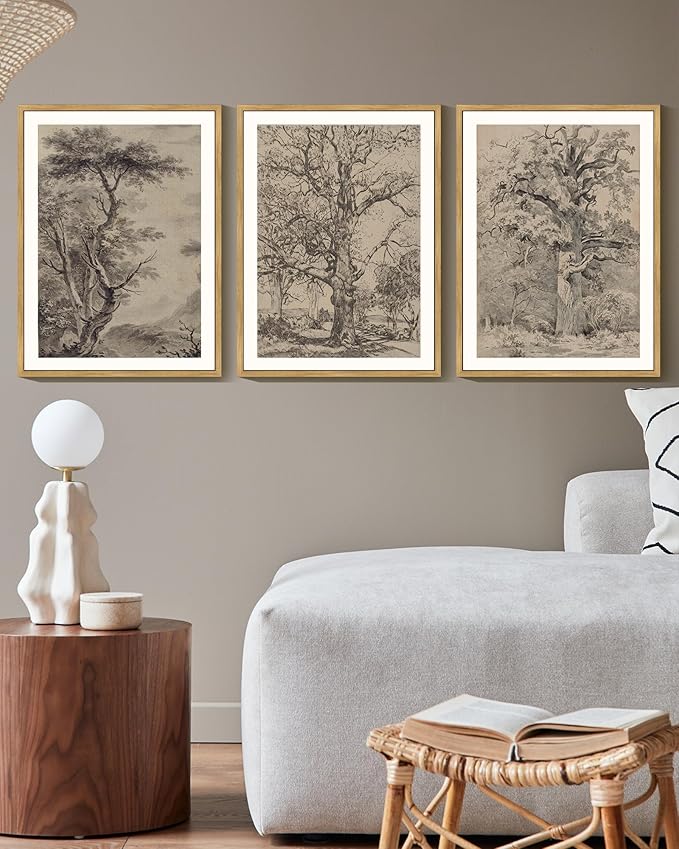 KUVIOKE Boho Vintage Tree Wall Art Framed Neutral Retro Forest Art Prints Antique Rustic Nature Wilderness Paintings Bedroom Hallway Decor 12x16in (Natural Framed)