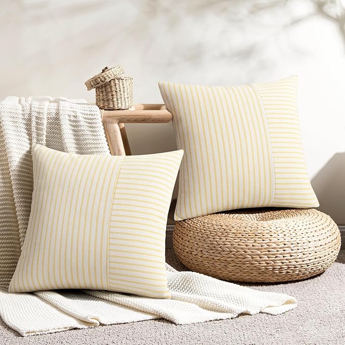Farmhouse Pillow Covers 16x16, Modern Accent Square Throw Pillow Covers Set of 2, Yellow and Beige Striped Patchwork Linen Decorative Pillows Cushion Covers for Couch Chair