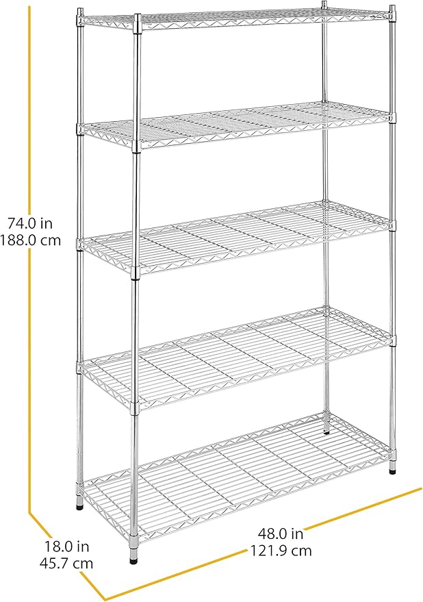 Whitmor 5 Tier Heavy Duty Shelving Unit, Metal Storage Shelves, 500 lbs Capacity per Shelf, Max 2500 lbs total, Easy Assembly Home Organizer for Pantry, Garage, Plant, 48"L x 18"W x 74"H