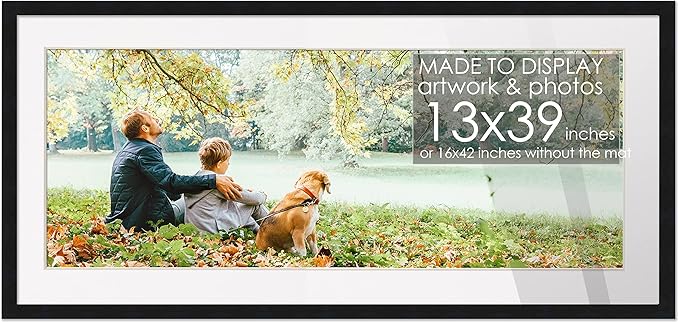 13x39 Frame Black Wood with White Mat | 16x42 Frame Matted to 13x39 | Display Your Picture Under UV Acrylic Shatter Guard Front, with Foam Board Backing and Wall Hanging Hardware - Gallery Wood Frame