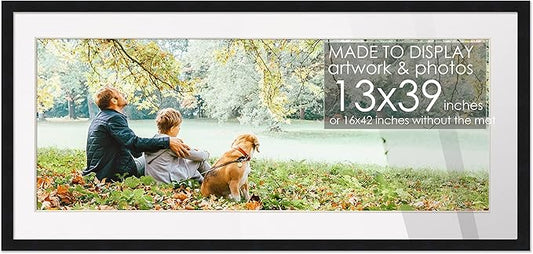 13x39 Frame Black Wood with White Mat | 16x42 Frame Matted to 13x39 | Display Your Picture Under UV Acrylic Shatter Guard Front, with Foam Board Backing and Wall Hanging Hardware - Gallery Wood Frame