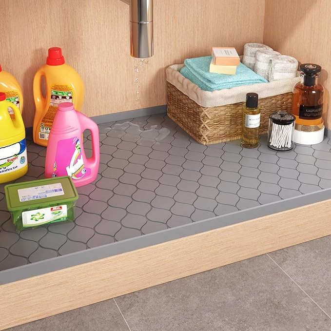 Silicone Under Sink Mat 22" x 19", Kitchen Essentials and Gadgets, Shelf Liner and Cabinet Protector, Home Organizers and Storage, Waterproof Bathroom Tray