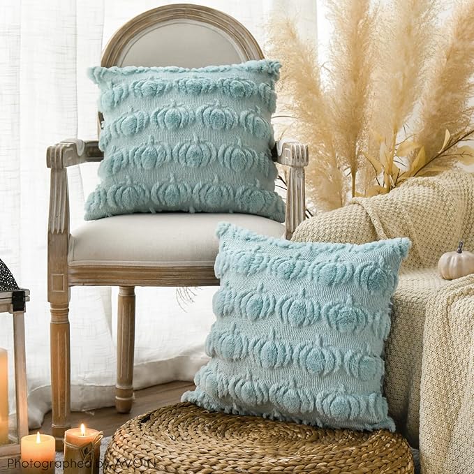 AVOIN colorlife Fall Pumpkin Blue Throw Pillow Covers, 16 x 16 Inch Seasonal Autumn Thanksgiving Harvest Decoration Soft Plush Faux Fur Jacquard Cushion Case Decoration for Sofa Couch Set of 2