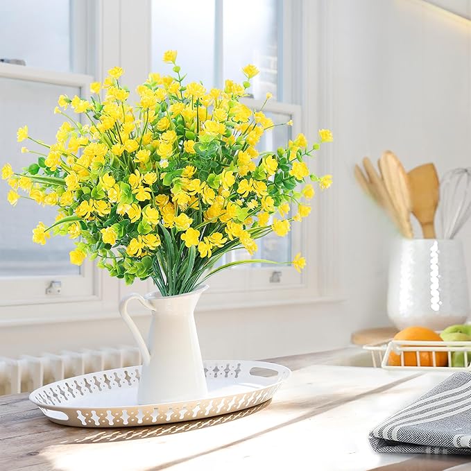 Sggvecsy Artificial Flowers for Outdoors 24 Bundles UV Resistant Boxwood Shrubs Artificial Eucalyptus Fake Plants Faux Plastic Greenery for Farmhouse Garden Home Indoor Outdoor Decoration（Yellow）