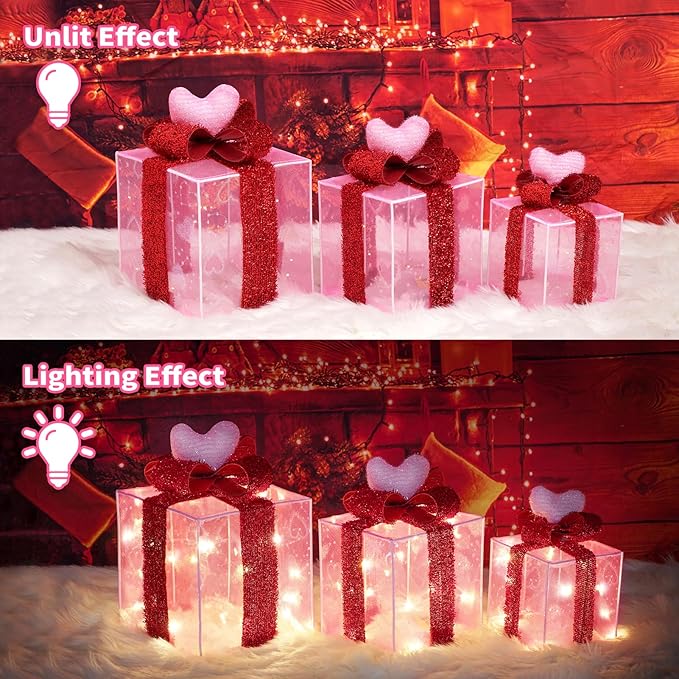 Pink Decorations Lighted Gift Boxes with Pink Cloth, Pre-lit Lights Gift Boxes Set of 3, Light up Present Boxes Set Battery Operated with Different Sizes for Holiday Indoor Decorations