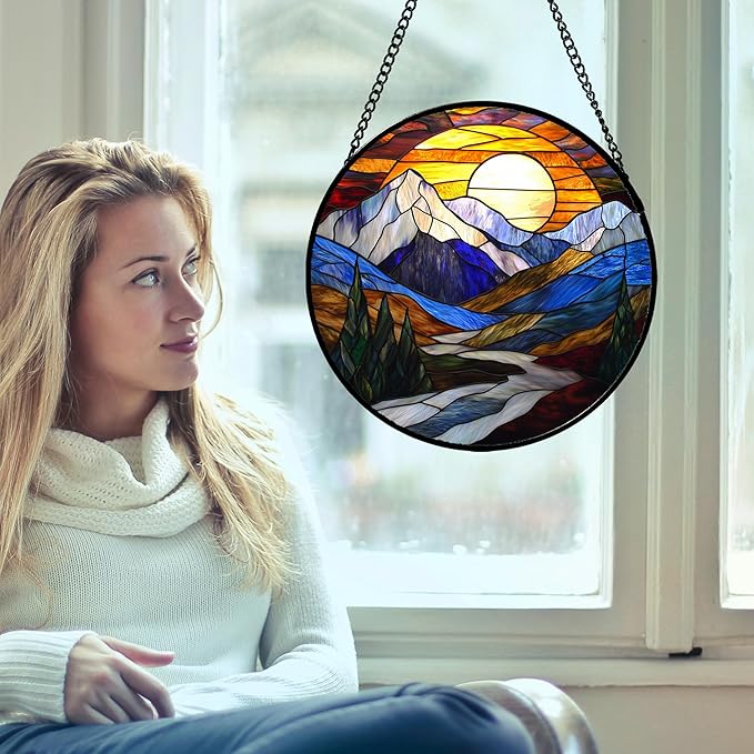 Stained Glass Window Hanging, Yellow Blue Sunset Mountains Scenery Sun Catcher for Window Home Decor Landscape Suncatcher Mother's Day Birthday Gifts for Women Men Mom and Nana 15 in
