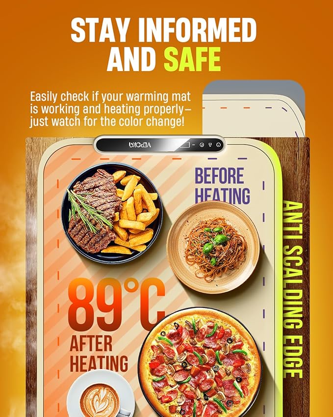 Warming Mat for Food, VEPOKA Food Warmer Mat for Countertop, Electric Warming Tray with 7 Temp Levels & Auto Shut-Off, Food Warmers for Parties, Ideal Gift for Kitchen & Buffet Use