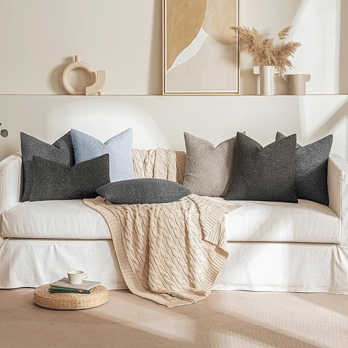 MIULEE 18x18 Inch Decorative Pillow Covers for Couch Bed Set of 2 Textured Boucle Neutral Throw Pillows Dark Gray Accent Solid Cushion Pillowcase Cozy Soft Sofa Livingroom Home Decor