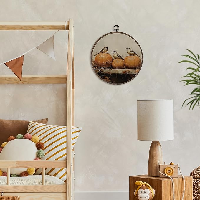 XNXLDYLH Vintage Fall Pumpkin Bird Round Framed Wall Art Decor, Cottagecore Harvest Antique Hanging Wall Decor Decorations, Rustic Fall Autumn Canvas Prints Wall Art Paintings for Living Room, 10x10In