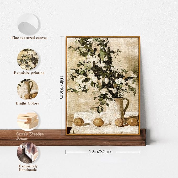 crmotu Vintage Framed Wall Art, Still Life Floral Kitchen Decorations Painting, Lemons and Flowers Canvas Botanical Prints, Retro Wall Pictures for Bedroom Bathroom Farmhouse Office Desktop 12x16in