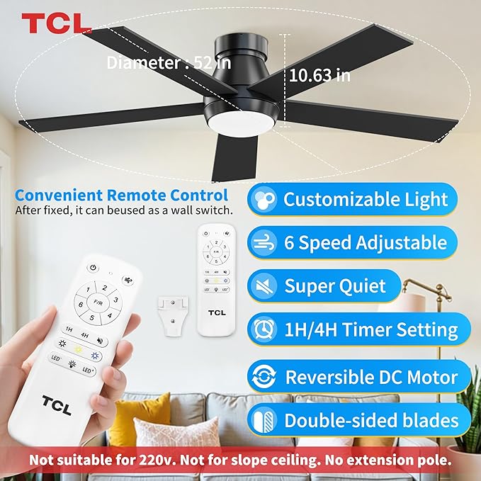 TCL 52" Black Ceiling Fan with Light and Remote, Modern LED 3-Color, 3CCT, Quiet Motor for Bedroom, Living Room, Dining Room, Ceiling Fans with Lights (Black)