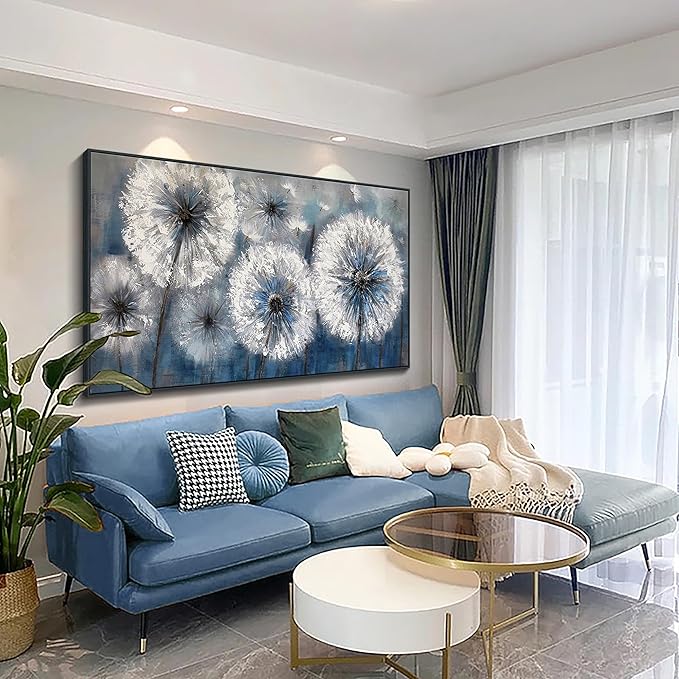 Framed Blue Dandelion Wall Art Decor Canvas Print Picture for Living Room White Flower Flora Plant Home Bedroom Painting Decoration Modern Framed Artwork size 24x48