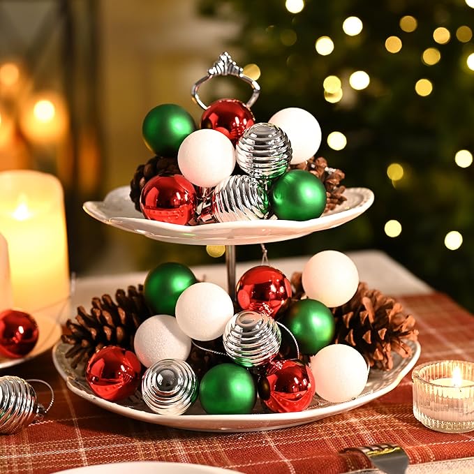 Valery Madelyn 1.57 Inches Small Christmas Tree Decorations Ornament Set for 4th of July Fall Halloween, 24ct Red Green and White Shatterproof Hanging Ball Ornaments Holiday Party Decor