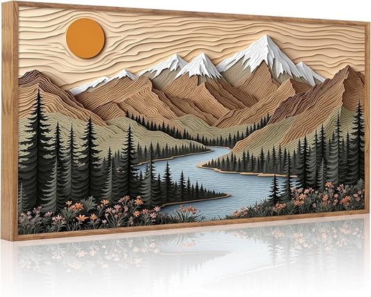 CHDITB Mountain Framed Wall Art, Long Horizontal Mountains Wall Decor, Sun Lake Pine Trees Nature Wall Painting, Modern Rustic Farmhouse Landscape Art Prints For Bedroom Office Decoration 20"x40"