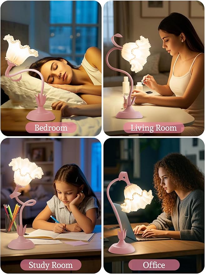 Flower Table Lamp Bedside Lamps LED Reading Light,3 Color Modes Cute Small Lamp,Vintage Flower Lamp Kawaii Table Lamp for Bedroom Living Room Office Dorm Desk Home Decor (Pearl Pink lamp)