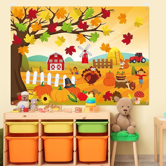 Fall Felt Story Board Set 3.4FT 55 Pcs Autumn Wall Activity Board Thanksgiving DIY Craft Wall Decor Pumpkin Turkey Flannel Storytelling Ornaments for Autumn Harvest Gift (55, Fall)