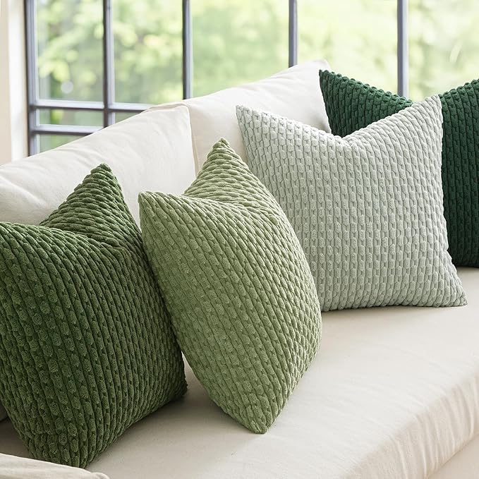 MIULEE Decorative Sage Green Christmas Throw Pillow Covers Soft Couch Set of 4 Boho Striped Cushion Covers Corduroy Pillowcases Farmhouse Home Decor for Couch Bed Sofa Room 20x20 Inch Forest Green