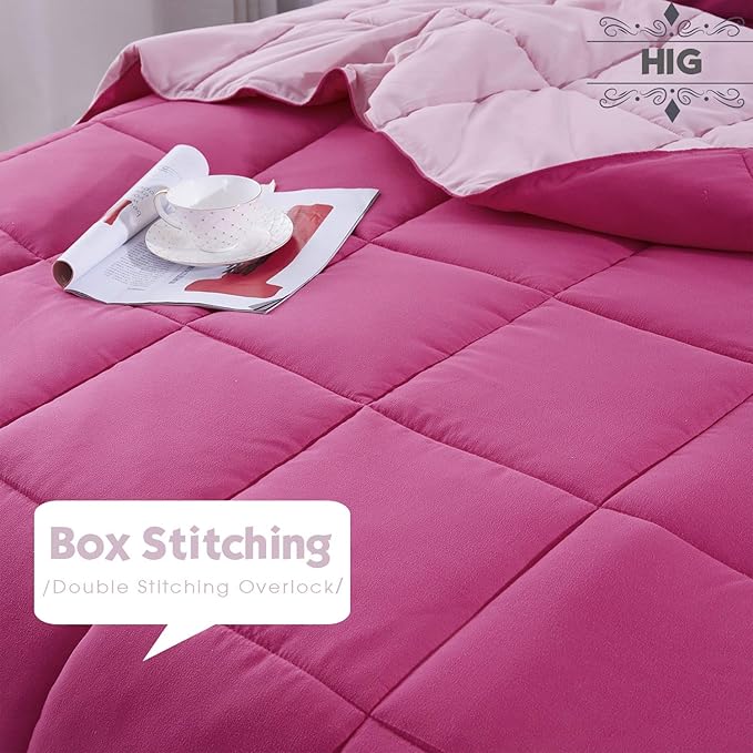 HIG 3pc Pink Comforter Set Full Size Duvet Insert, Reversible, All Season, Box Stitched, with Corner Tabs, Soft, Fluffy