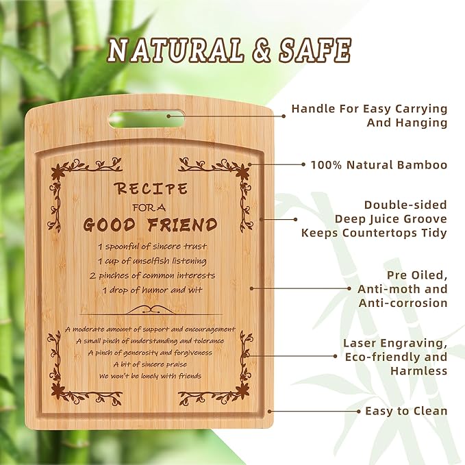Joeyan Engraved Recipe Cutting Board for Friendship in Gift Box with Double Sides Grooves for Bestie Good Friends Women Men Male Female, Large Practical Sturdy Kitchen Chopping Present for Birthday