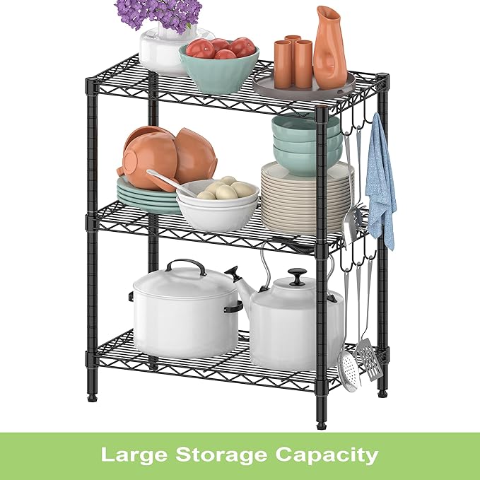 3-Tier Metal Storage Shelves, Steel Wire Rack Units Organizer, Adjustable Utility Shelf, Commercial Metal Shelf for Kitchen Garage Pantry Laundry