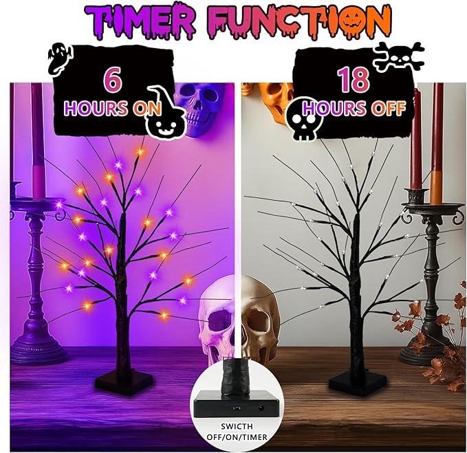Halloween Decorations Indoor, 2-Pack 2FT Lighted Black Halloween Tree with 48 LED Orange & Purple Lights, Timer Function Battery Operated Halloween Trees Lights Spooky Tree for Tabletop Home Party