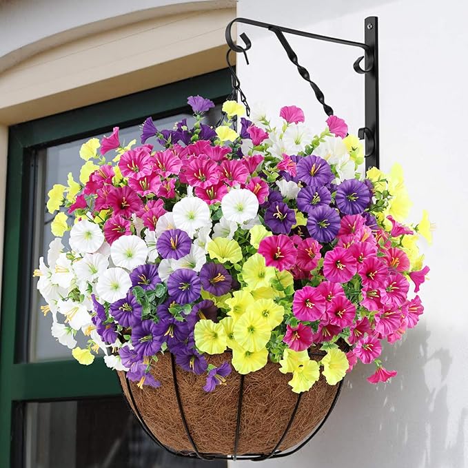 12PCS Artificial Flowers for Outdoor Decorations, Realistic Faux Silk Petunia Flowers for Outside, Fake Plants Morning Glory with Eucalyptus Porch Patio Planters Window Boxes Decor