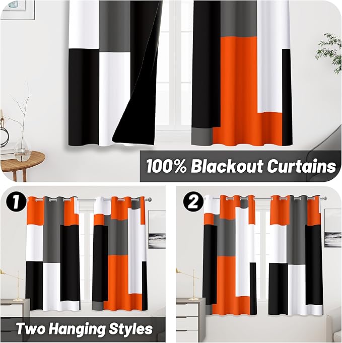 Orange 100% Blackout Curtains 45 inch Length 2 Panels Set White Grey Modern Abstract Geometric Drapes for Kitchen Black Out Curtains Insulated Room Darkening Small Window Curtains, 52Wx45L