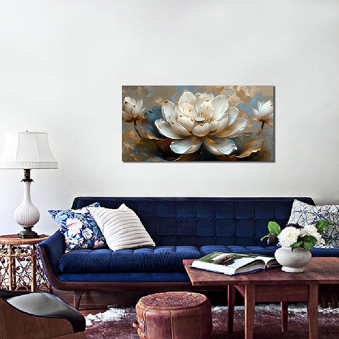 White Flower Wall Art for Living Room - Gold Paintings Wall Art for Office - Bedroom Pictures Wall Decor for Women Size 20" x 40"