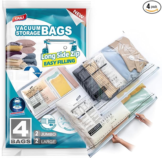 TAILI Vacuum Storage Bags 4 Pack, LONG SIDE ZIP (2 Large+2 Jumbo), Multi-Size Vacuum Seal Bags for Clothing, Storage Bulky Beddings, Blankets and Clothes, Space Saver for Closet Organization