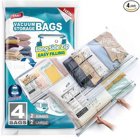 TAILI Vacuum Storage Bags 4 Pack, LONG SIDE ZIP (2 Large+2 Jumbo), Multi-Size Vacuum Seal Bags for Clothing, Storage Bulky Beddings, Blankets and Clothes, Space Saver for Closet Organization