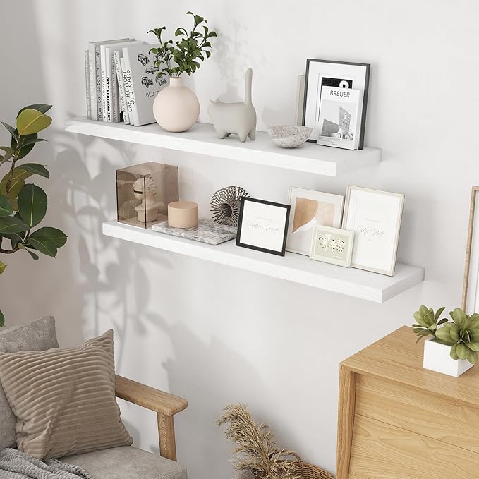 Fun Memories White Floating Shelves 48 Inch Long, Wood Wall Shelves 48x9.3x1.5, 9.3 Inch Deep Floating Shelf for Wall, Large White Shelves for Home Decor & Storage, Set of 2